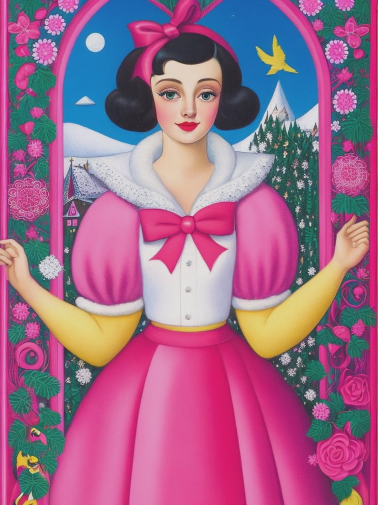 04375-927407323-A snow white standing on a hot pink bow with beautiful light, in the style of life - like pink illustrations, natalia goncharova.png